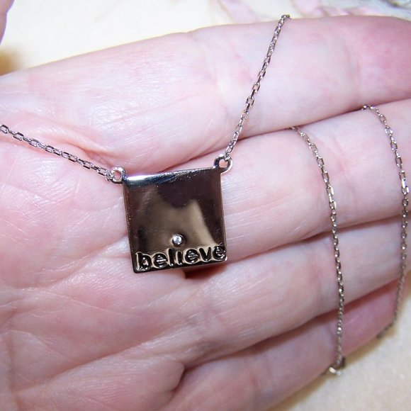 Sterling Silver Cubic Zirconia CZ Affirmation Pendant Necklace - BELIEVE - Picture 5 of 6